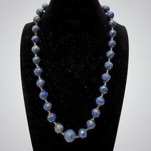 Large Faceted Lapis Lazuli Bead Necklace 20" Graduated Silver Tone Spacer Beads